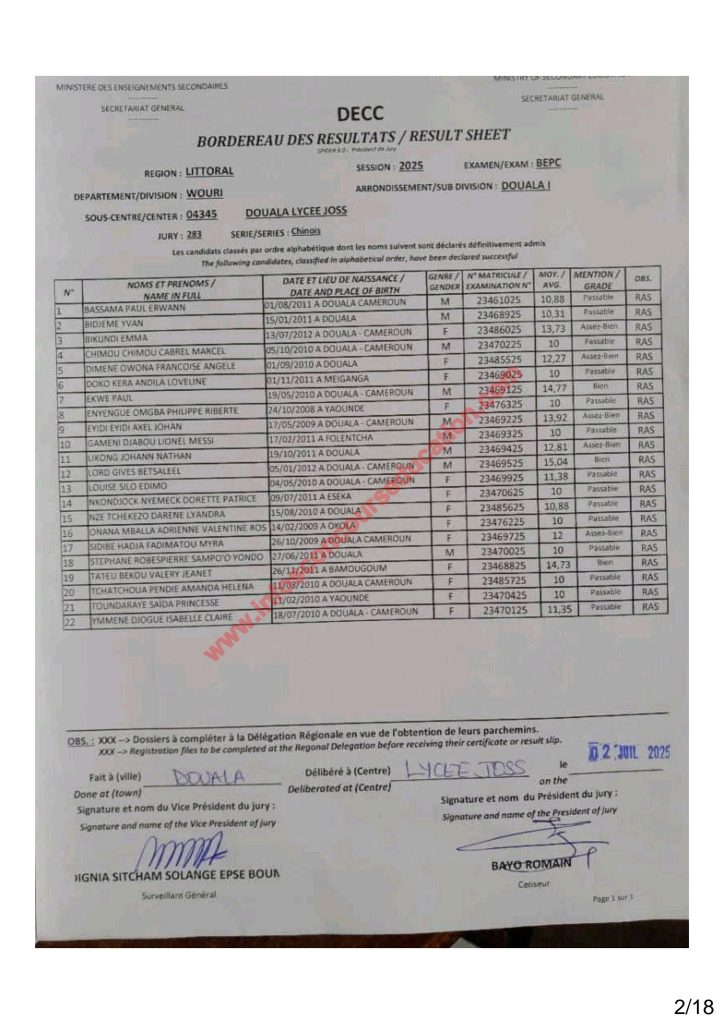 Résultats BEPC 2025 littoral lycée joss 10 Résultats BEPC 2025 littoral lycée joss