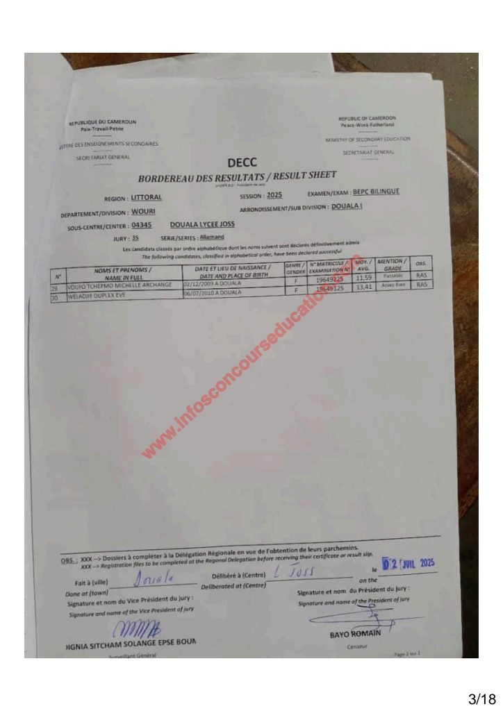 Résultats BEPC 2025 littoral lycée joss 9 Résultats BEPC 2025 littoral lycée joss