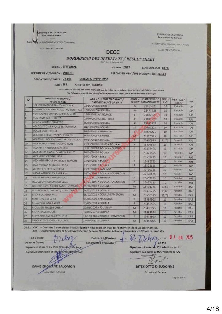 Résultats BEPC 2025 littoral lycée joss 8 Résultats BEPC 2025 littoral lycée joss