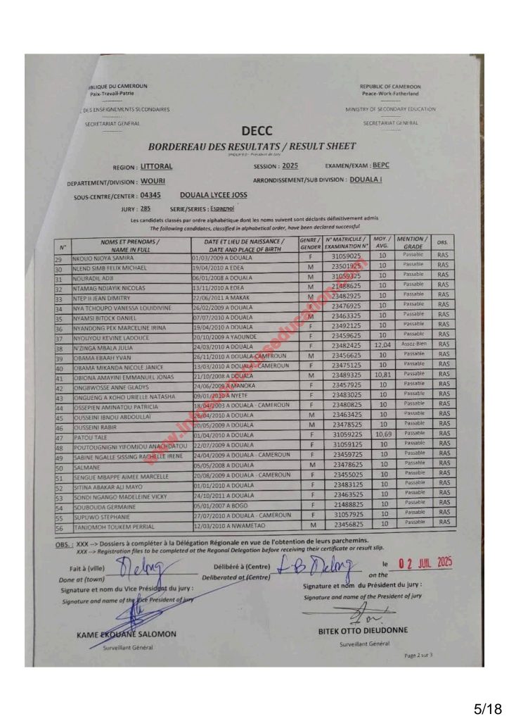 Résultats BEPC 2025 littoral lycée joss 7 Résultats BEPC 2025 littoral lycée joss