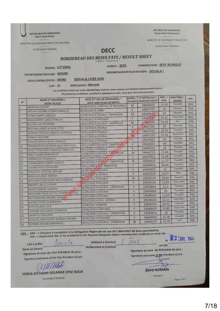 Résultats BEPC 2025 littoral lycée joss 5 Résultats BEPC 2025 littoral lycée joss