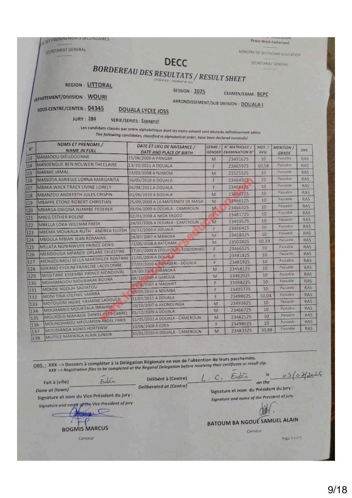 Résultats BEPC 2025 littoral lycée joss 3 Résultats BEPC 2025 littoral lycée joss