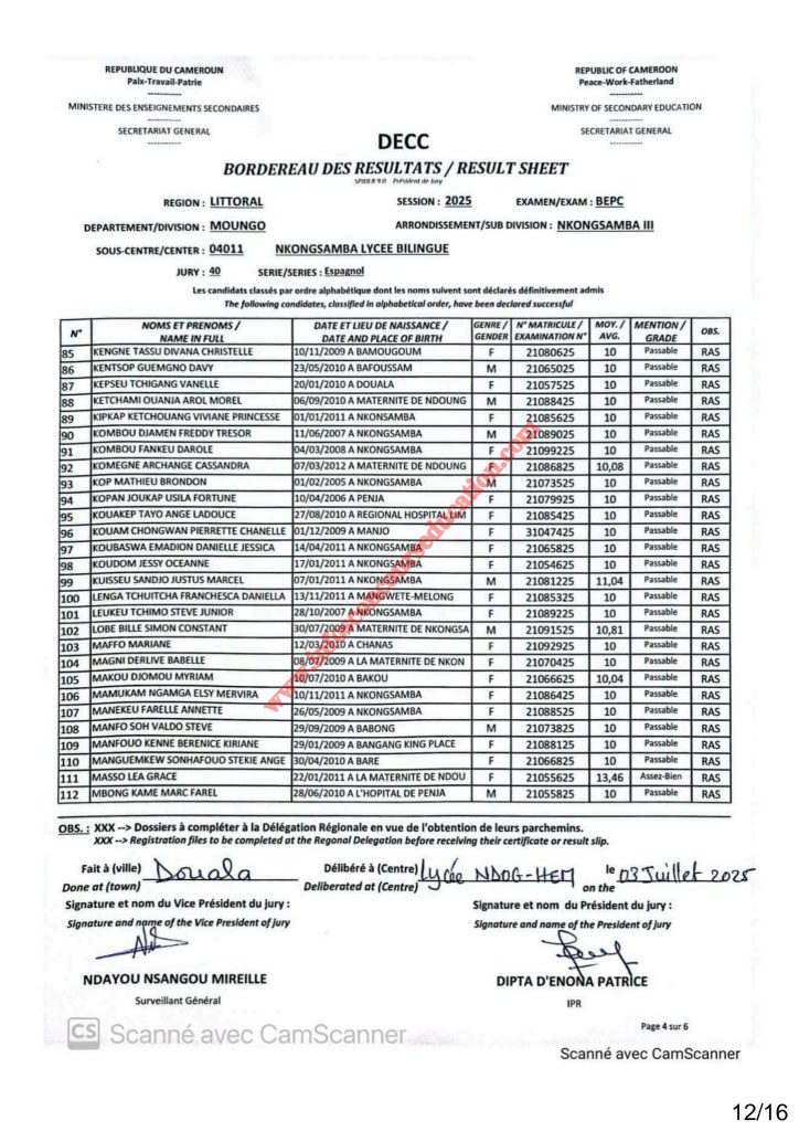 Résultats BEPC 2025 lycée bilingue de Nkongsamba 8 Résultats BEPC 2025 lycée bilingue de Nkongsamba