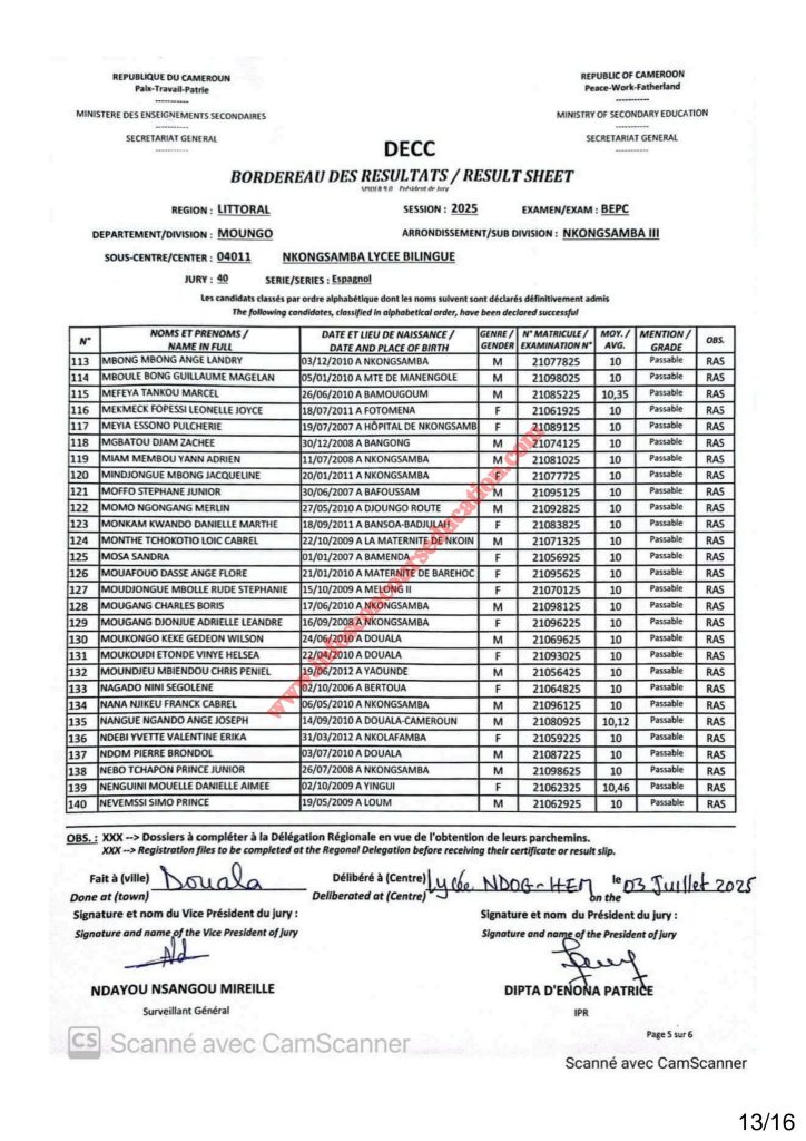 Résultats BEPC 2025 lycée bilingue de Nkongsamba 13 Résultats BEPC 2025 lycée bilingue de Nkongsamba