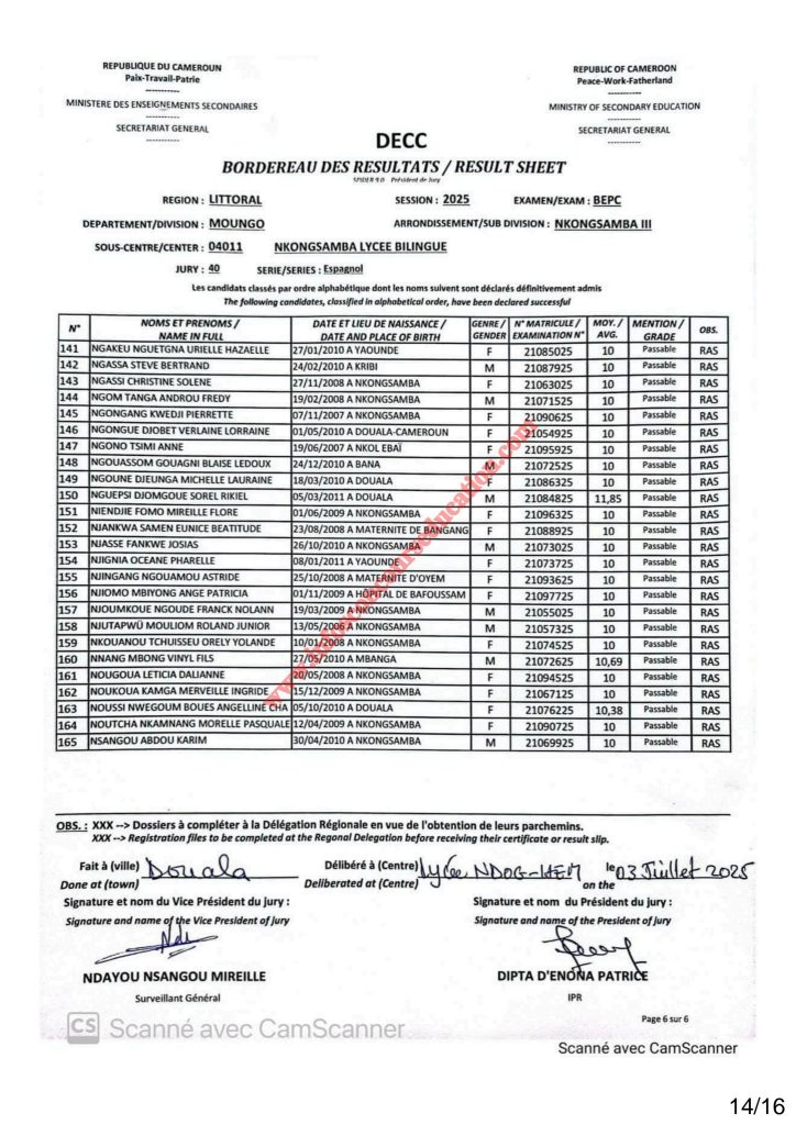 Résultats BEPC 2025 lycée bilingue de Nkongsamba 10 Résultats BEPC 2025 lycée bilingue de Nkongsamba