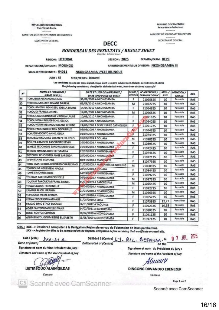 Résultats BEPC 2025 lycée bilingue de Nkongsamba 9 Résultats BEPC 2025 lycée bilingue de Nkongsamba