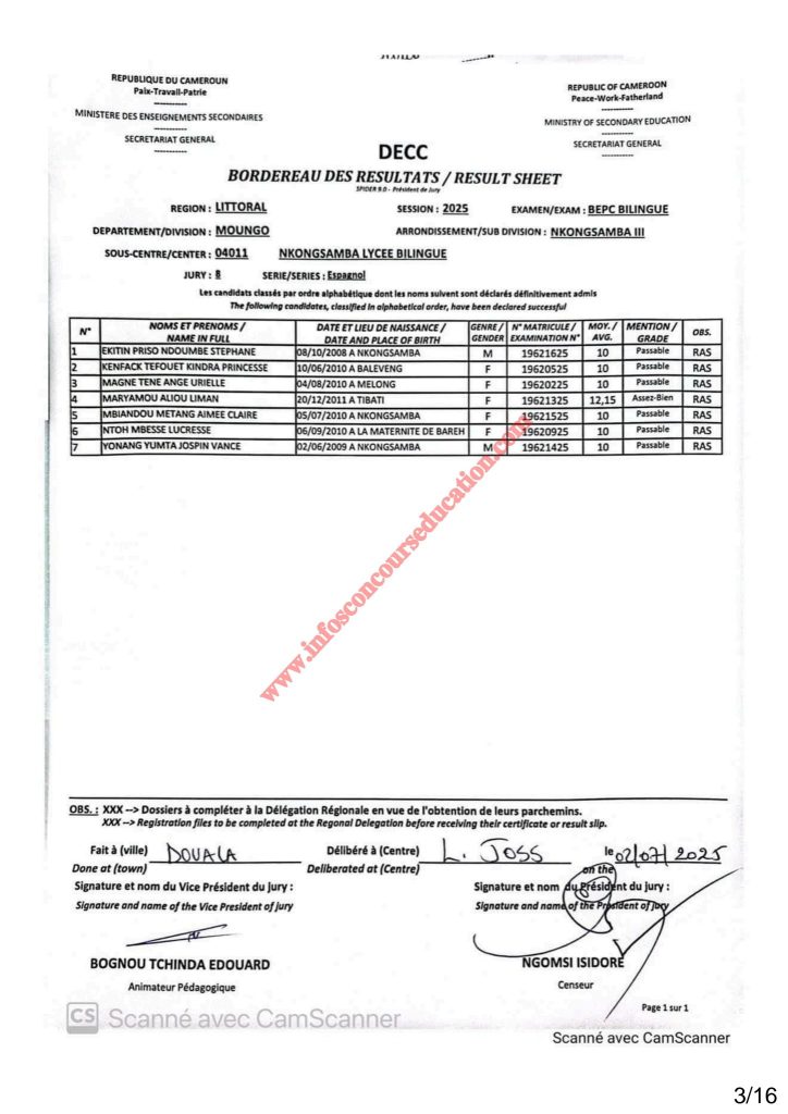 Résultats BEPC 2025 lycée bilingue de Nkongsamba 4 Résultats BEPC 2025 lycée bilingue de Nkongsamba