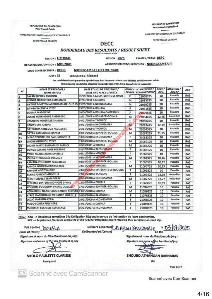 Résultats BEPC 2025 lycée bilingue de Nkongsamba 14 Résultats BEPC 2025 lycée bilingue de Nkongsamba