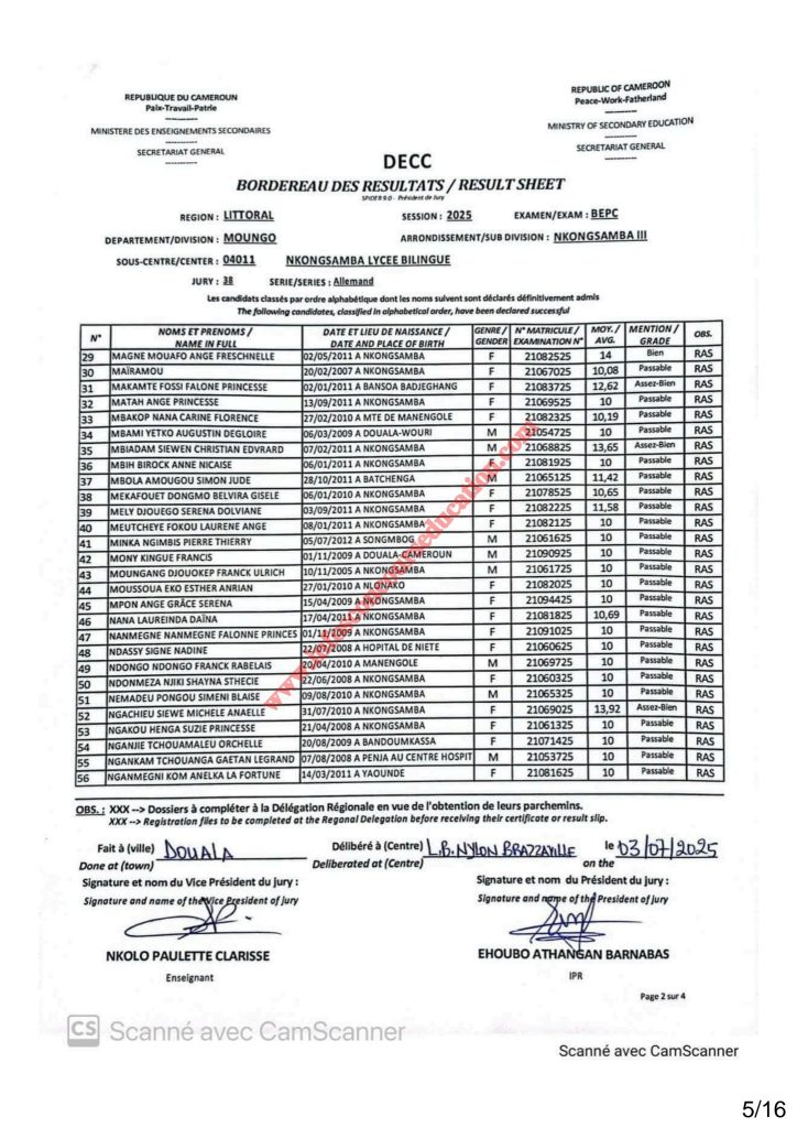 Résultats BEPC 2025 lycée bilingue de Nkongsamba 16 Résultats BEPC 2025 lycée bilingue de Nkongsamba