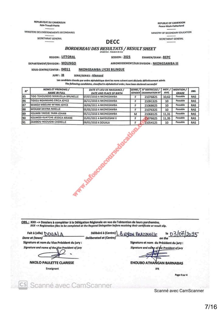 Résultats BEPC 2025 lycée bilingue de Nkongsamba 5 Résultats BEPC 2025 lycée bilingue de Nkongsamba