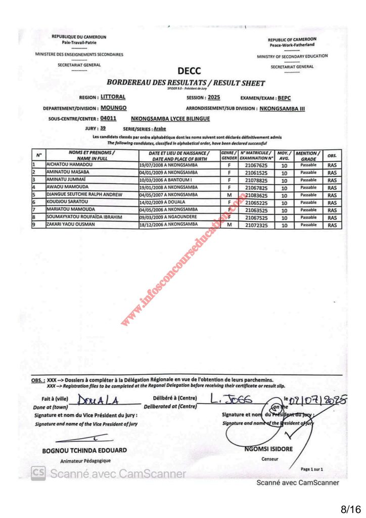 Résultats BEPC 2025 lycée bilingue de Nkongsamba 2 Résultats BEPC 2025 lycée bilingue de Nkongsamba