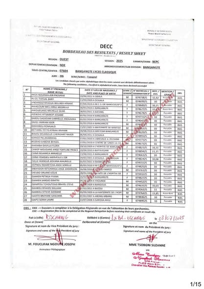 Résultats BEPC 2025 lycée classique de bangangté 7 Résultats BEPC 2025 lycée classique de bangangté