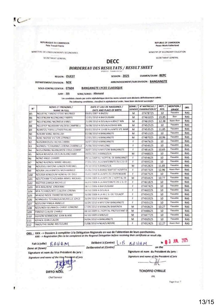 Résultats BEPC 2025 lycée classique de bangangté 10 Résultats BEPC 2025 lycée classique de bangangté