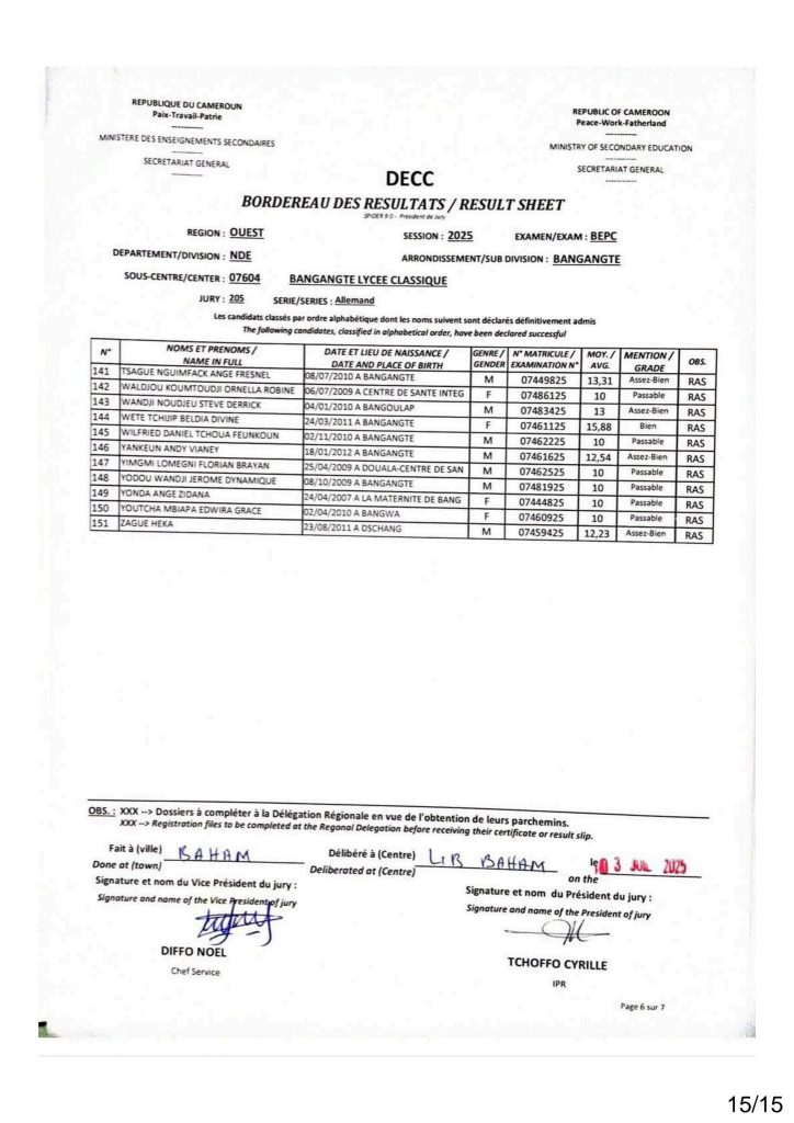 Résultats BEPC 2025 lycée classique de bangangté 8 Résultats BEPC 2025 lycée classique de bangangté