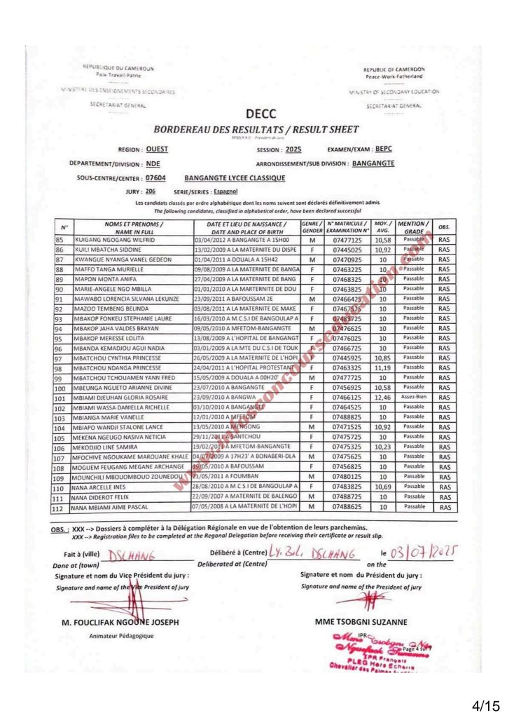 Résultats BEPC 2025 lycée classique de bangangté 4 Résultats BEPC 2025 lycée classique de bangangté