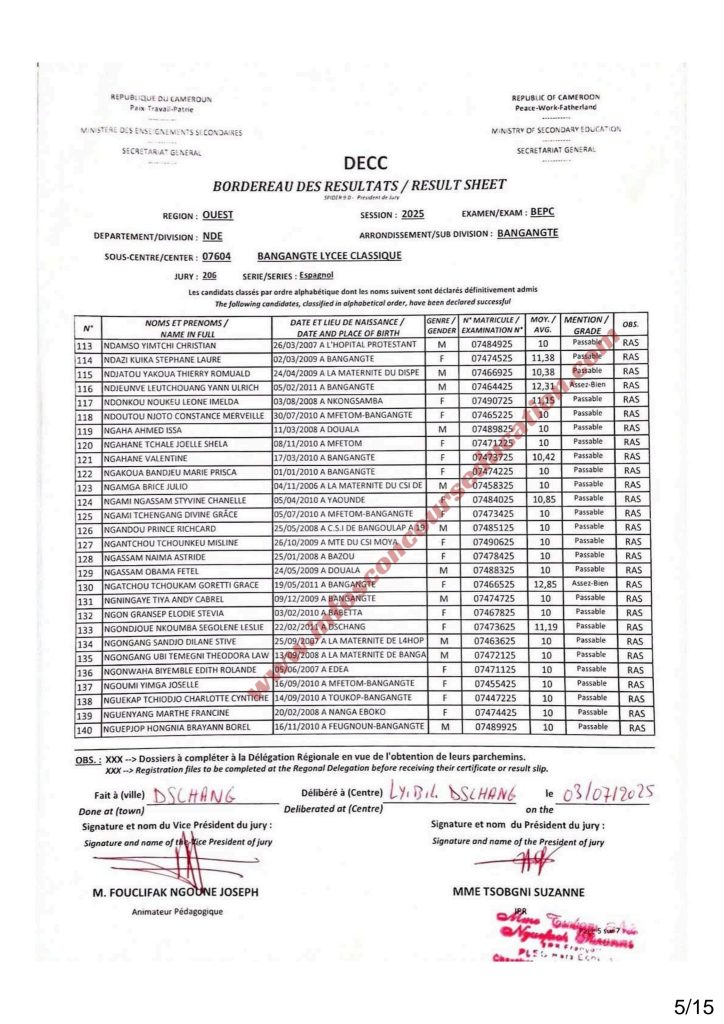 Résultats BEPC 2025 lycée classique de bangangté 3 Résultats BEPC 2025 lycée classique de bangangté