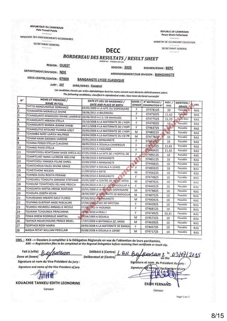 Résultats BEPC 2025 lycée classique de bangangté 15 Résultats BEPC 2025 lycée classique de bangangté
