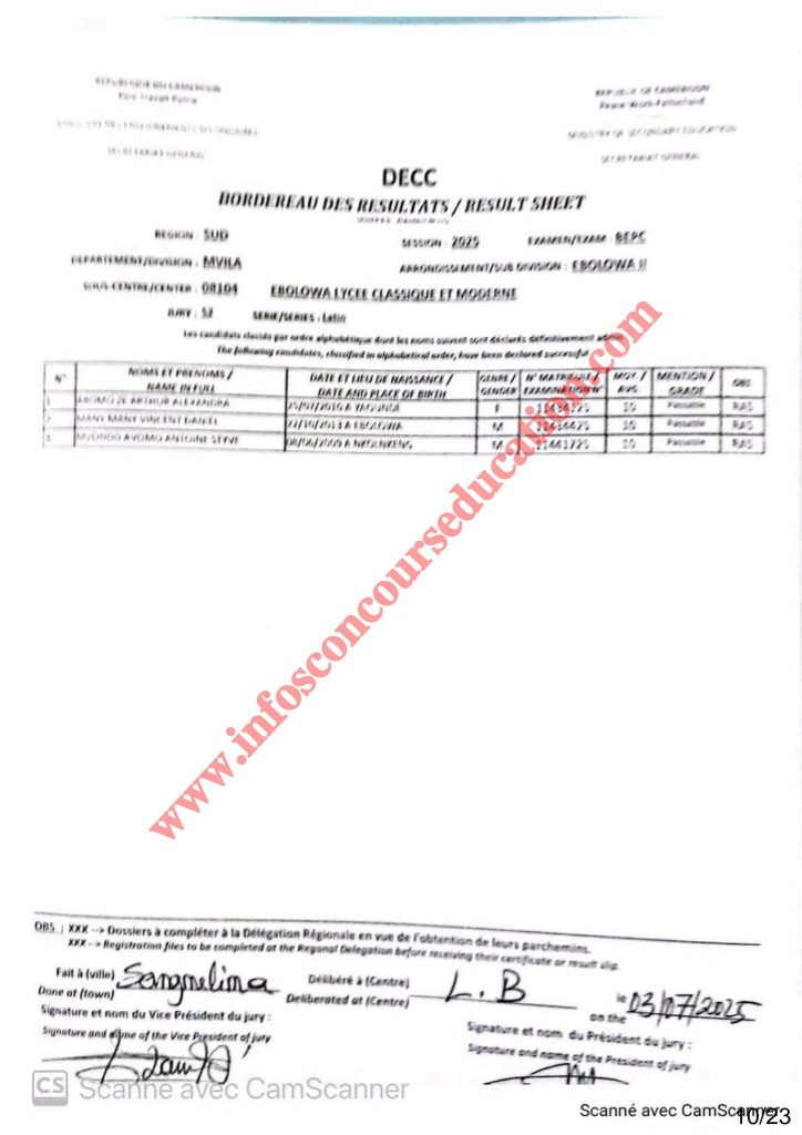 Résultats BEPC 2025 lycée classique et moderne d’EBOLOWA 13 Résultats BEPC 2025 lycée classique et moderne d’EBOLOWA