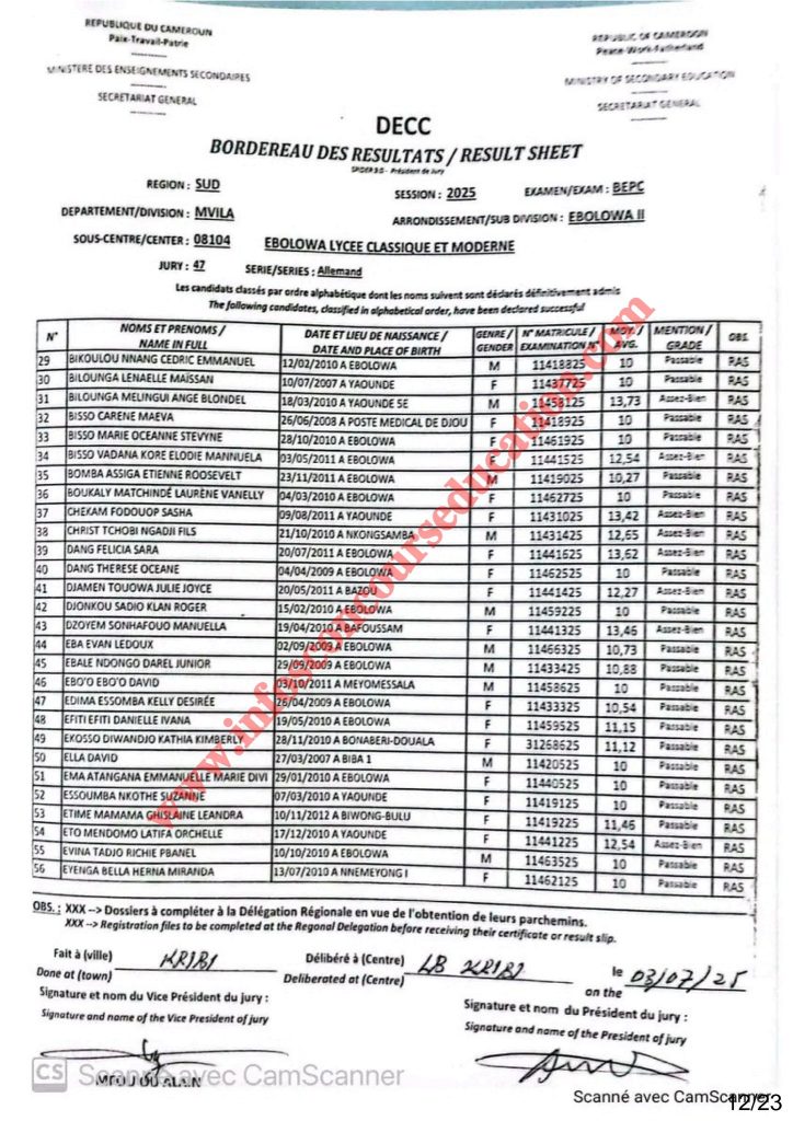 Résultats BEPC 2025 lycée classique et moderne d’EBOLOWA 11 Résultats BEPC 2025 lycée classique et moderne d’EBOLOWA