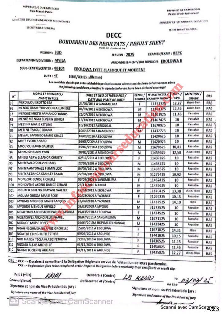 Résultats BEPC 2025 lycée classique et moderne d’EBOLOWA 9 Résultats BEPC 2025 lycée classique et moderne d’EBOLOWA