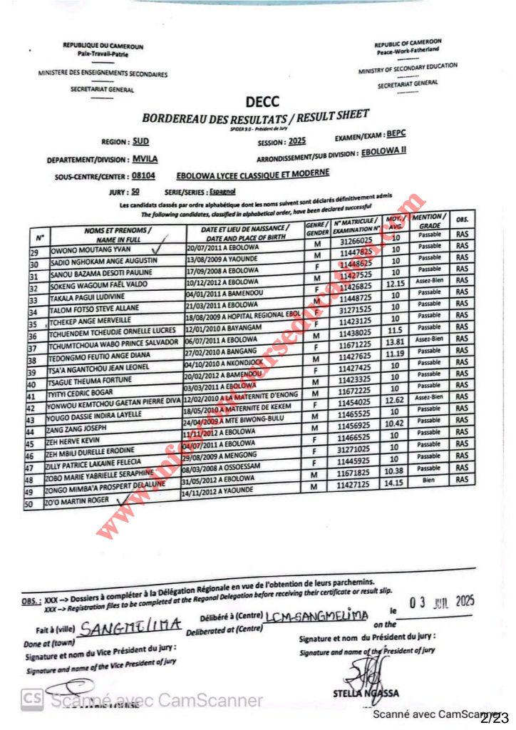 Résultats BEPC 2025 lycée classique et moderne d’EBOLOWA 21 Résultats BEPC 2025 lycée classique et moderne d’EBOLOWA