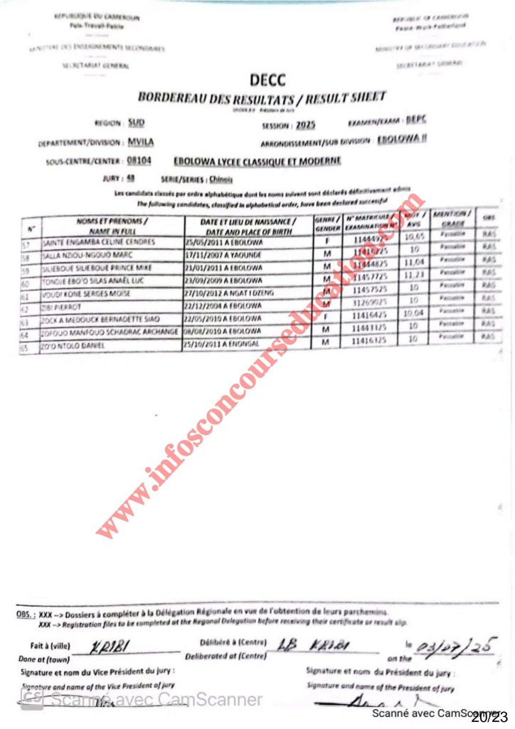 Résultats BEPC 2025 lycée classique et moderne d’EBOLOWA 3 Résultats BEPC 2025 lycée classique et moderne d’EBOLOWA