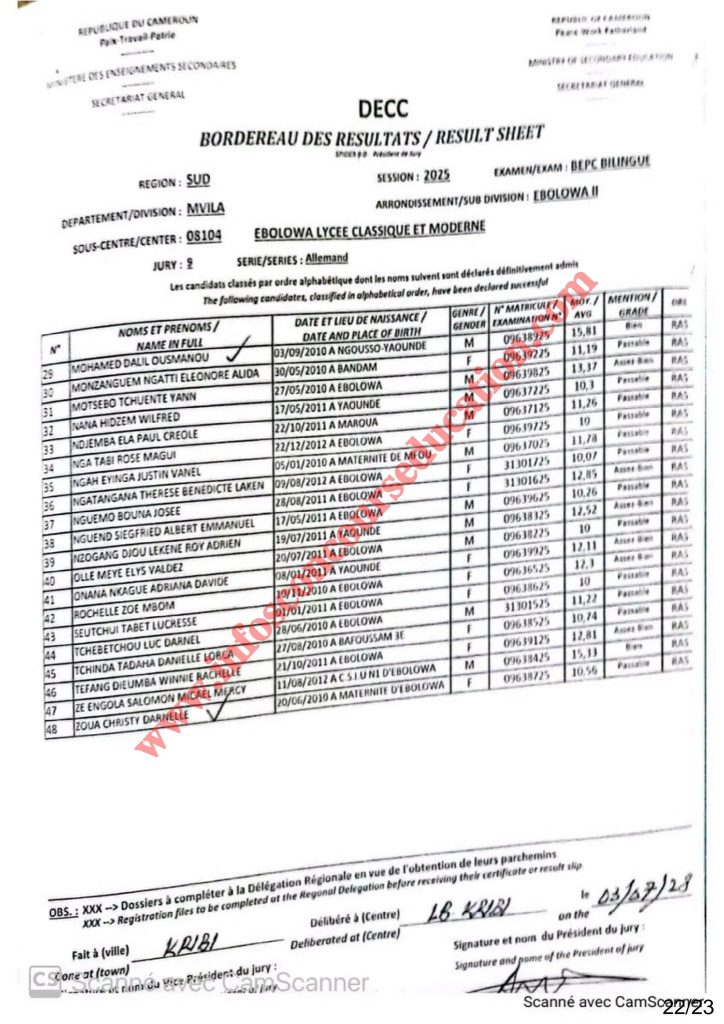 Résultats BEPC 2025 lycée classique et moderne d’EBOLOWA 24 Résultats BEPC 2025 lycée classique et moderne d’EBOLOWA