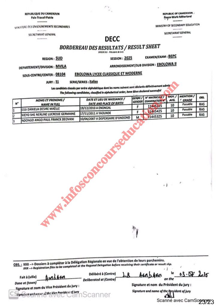 Résultats BEPC 2025 lycée classique et moderne d’EBOLOWA 23 Résultats BEPC 2025 lycée classique et moderne d’EBOLOWA