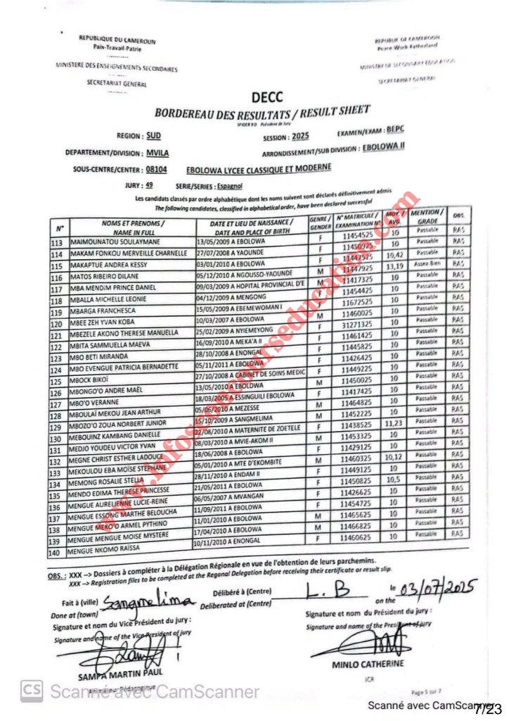 Résultats BEPC 2025 lycée classique et moderne d’EBOLOWA 16 Résultats BEPC 2025 lycée classique et moderne d’EBOLOWA