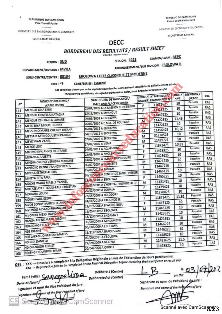 Résultats BEPC 2025 lycée classique et moderne d’EBOLOWA 15 Résultats BEPC 2025 lycée classique et moderne d’EBOLOWA