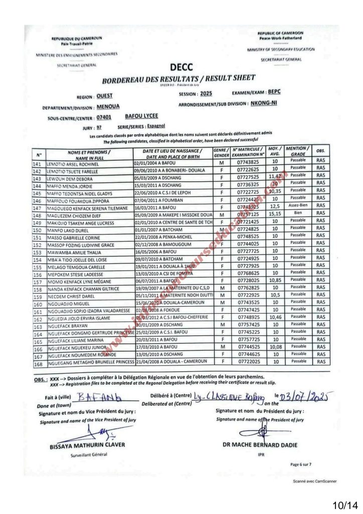 Résultats BEPC 2025 lycée de Bafou menoua 5 Résultats BEPC 2025 lycée de Bafou menoua