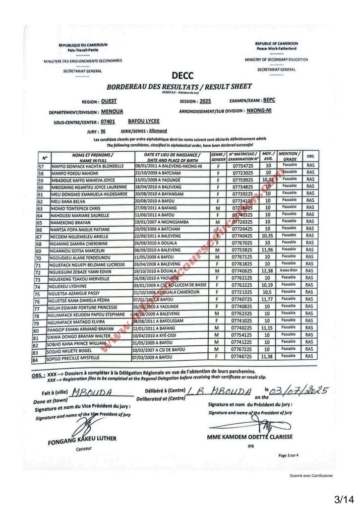 Résultats BEPC 2025 lycée de Bafou menoua 12 Résultats BEPC 2025 lycée de Bafou menoua