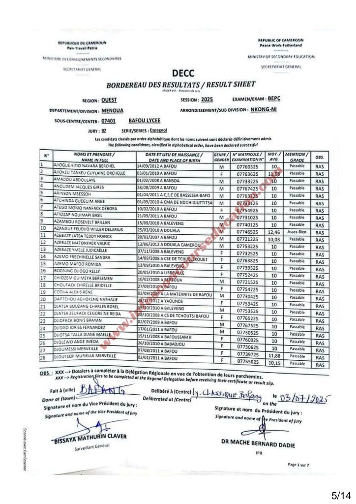 Résultats BEPC 2025 lycée de Bafou menoua 10 Résultats BEPC 2025 lycée de Bafou menoua