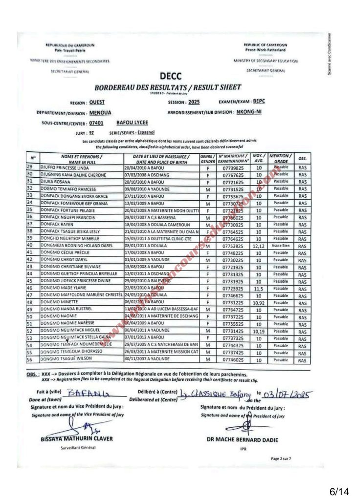 Résultats BEPC 2025 lycée de Bafou menoua 9 Résultats BEPC 2025 lycée de Bafou menoua