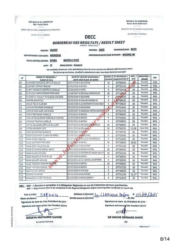 Résultats BEPC 2025 lycée de Bafou menoua 7 Résultats BEPC 2025 lycée de Bafou menoua