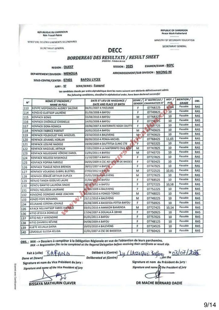 Résultats BEPC 2025 lycée de Bafou menoua 6 Résultats BEPC 2025 lycée de Bafou menoua