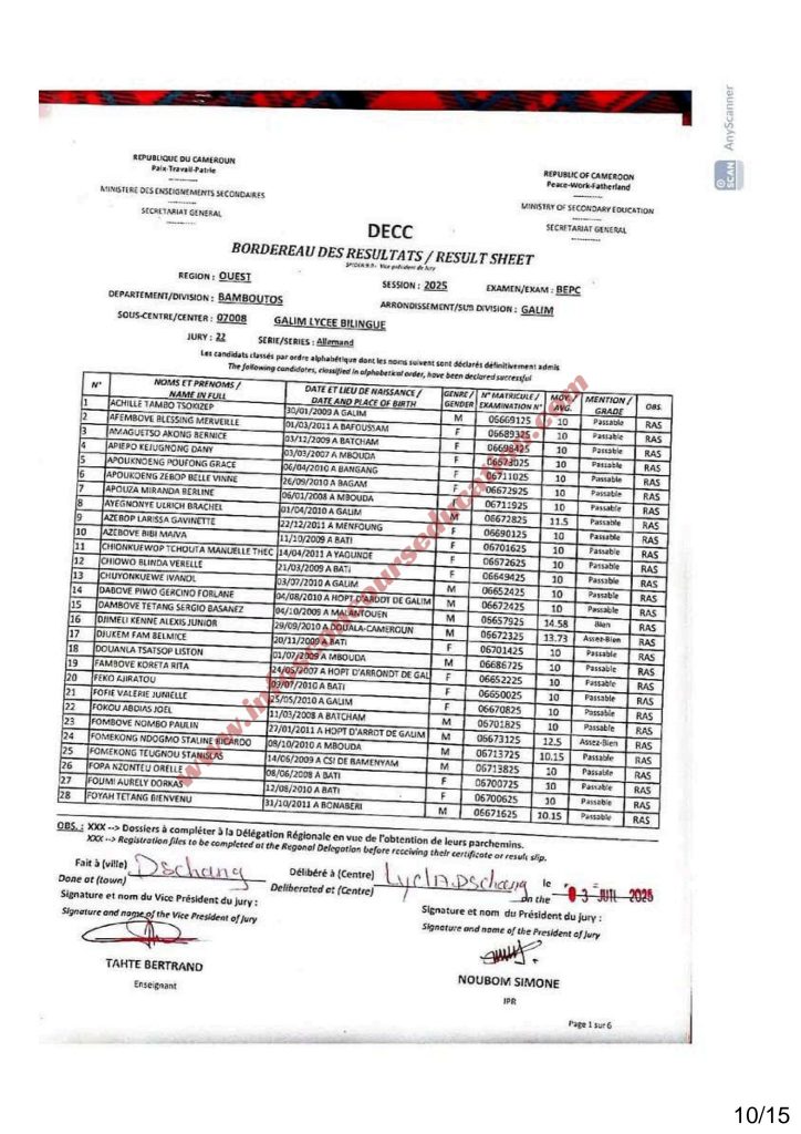 Résultats BEPC 2025 lycée de Galim Bamboutos 3 Résultats BEPC 2025 lycée de Galim Bamboutos