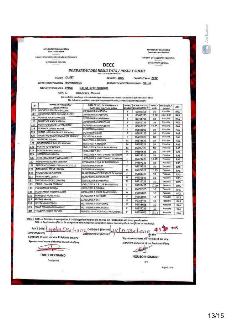 Résultats BEPC 2025 lycée de Galim Bamboutos 15 Résultats BEPC 2025 lycée de Galim Bamboutos