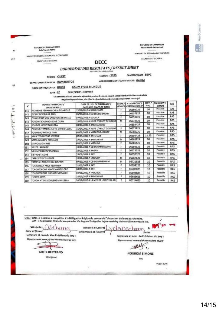 Résultats BEPC 2025 lycée de Galim Bamboutos 14 Résultats BEPC 2025 lycée de Galim Bamboutos