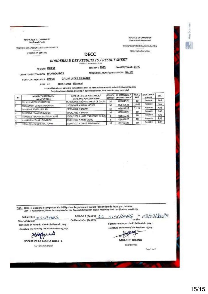 Résultats BEPC 2025 lycée de Galim Bamboutos 13 Résultats BEPC 2025 lycée de Galim Bamboutos