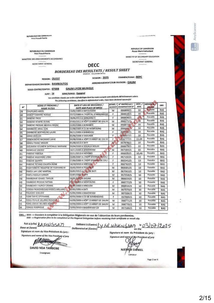 Résultats BEPC 2025 lycée de Galim Bamboutos 11 Résultats BEPC 2025 lycée de Galim Bamboutos