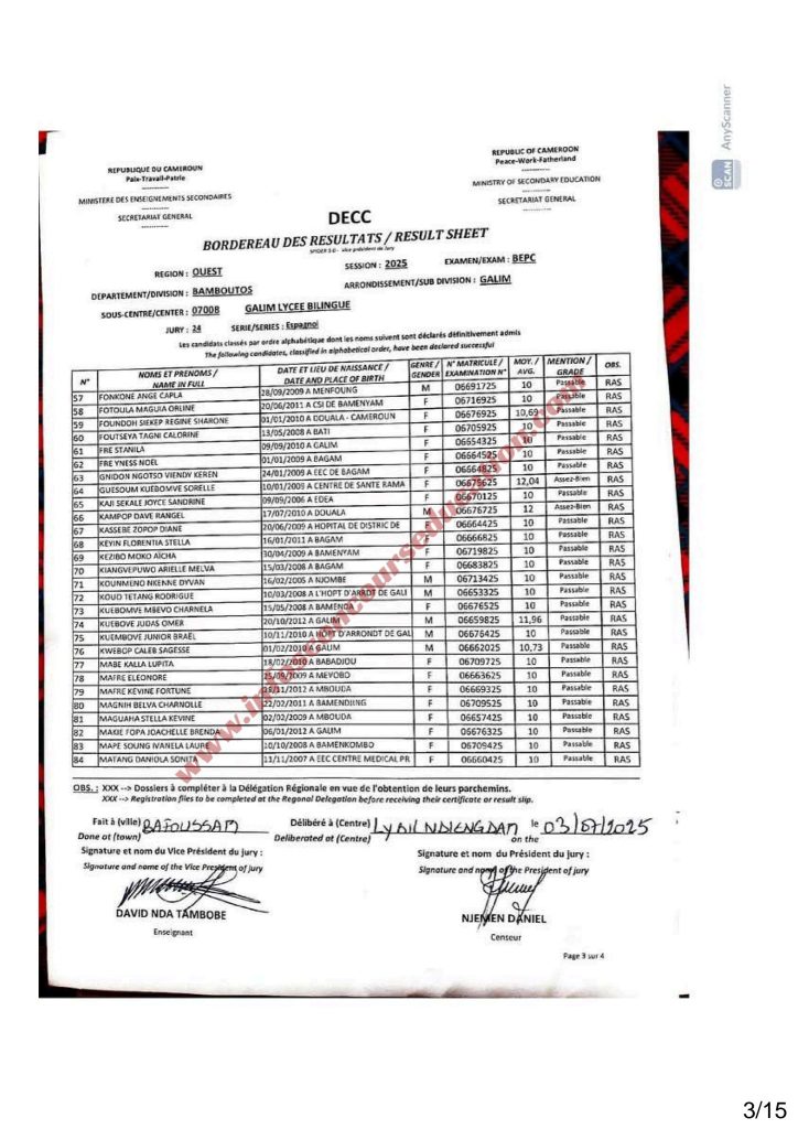Résultats BEPC 2025 lycée de Galim Bamboutos 10 Résultats BEPC 2025 lycée de Galim Bamboutos