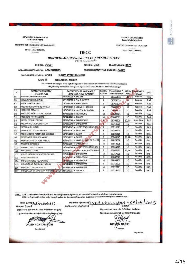 Résultats BEPC 2025 lycée de Galim Bamboutos 9 Résultats BEPC 2025 lycée de Galim Bamboutos