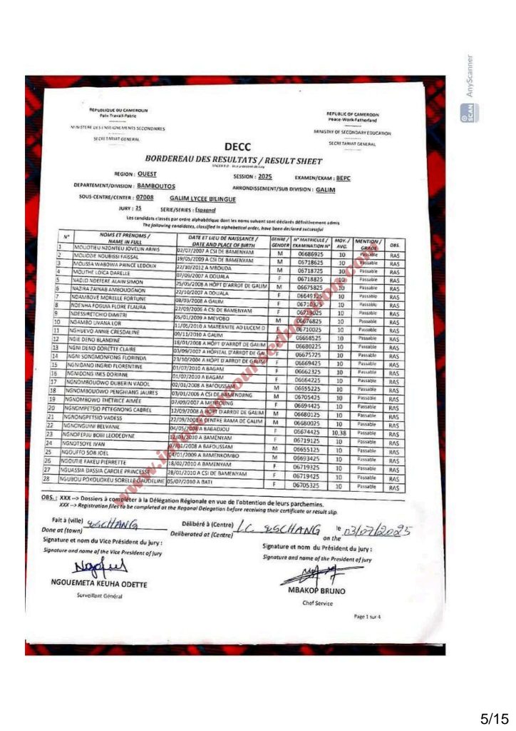 Résultats BEPC 2025 lycée de Galim Bamboutos 8 Résultats BEPC 2025 lycée de Galim Bamboutos