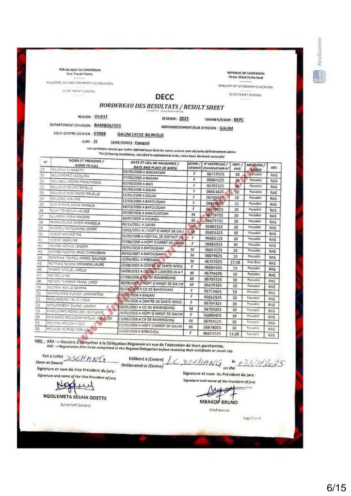 Résultats BEPC 2025 lycée de Galim Bamboutos 7 Résultats BEPC 2025 lycée de Galim Bamboutos