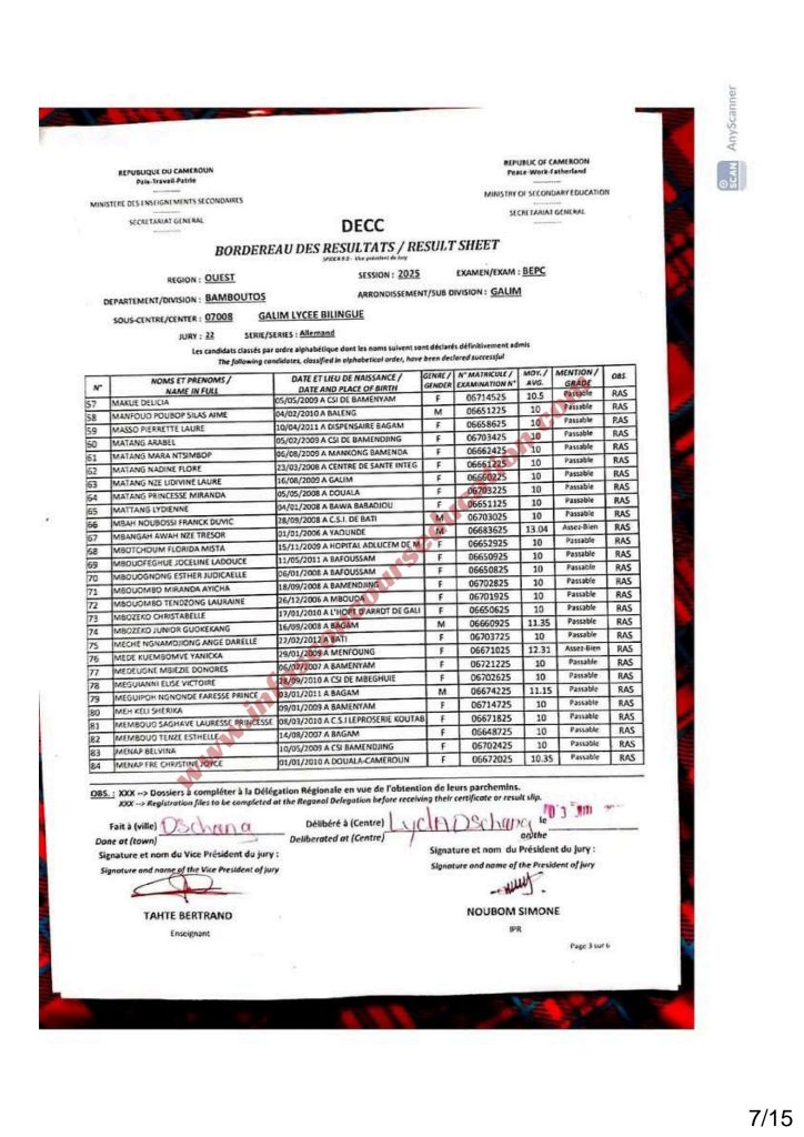 Résultats BEPC 2025 lycée de Galim Bamboutos 6 Résultats BEPC 2025 lycée de Galim Bamboutos