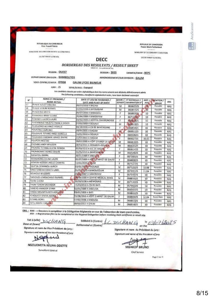 Résultats BEPC 2025 lycée de Galim Bamboutos 5 Résultats BEPC 2025 lycée de Galim Bamboutos