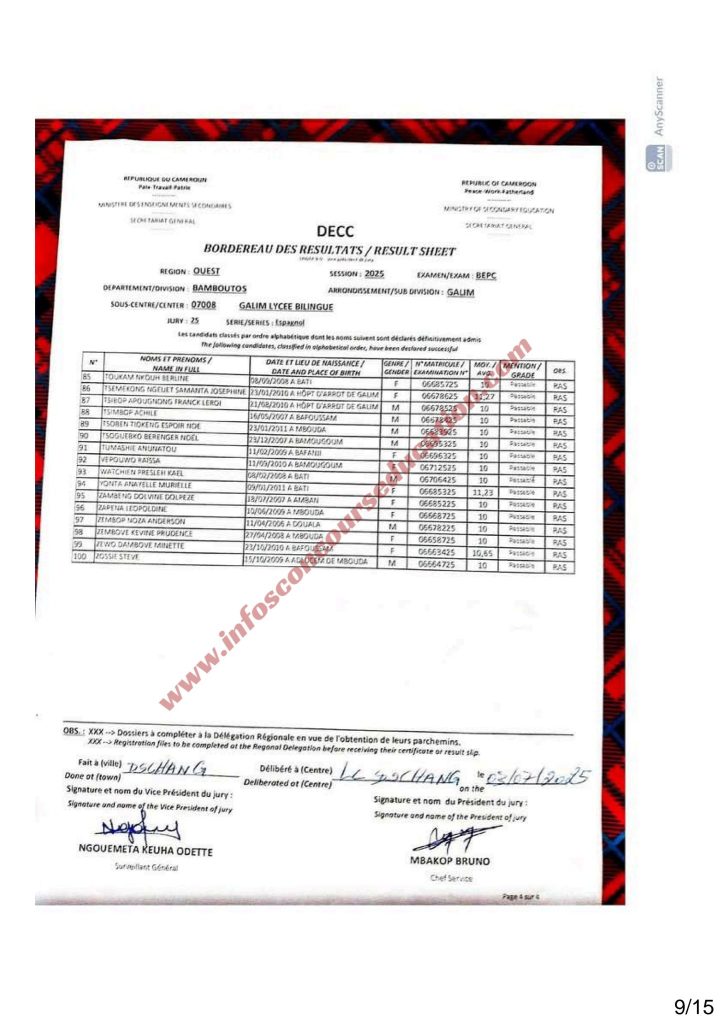 Résultats BEPC 2025 lycée de Galim Bamboutos 4 Résultats BEPC 2025 lycée de Galim Bamboutos