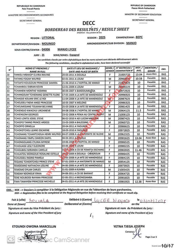 Résultats BEPC 2025 lycée de Manjo
