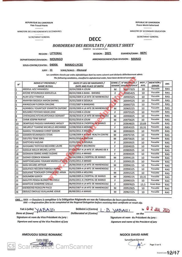 Résultats BEPC 2025 lycée de Manjo